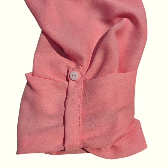 🟨 ☆ NWOT ☆ Sheer Pink Pull-Sleeve V-Neck Chiffon Blouse w Zipper Large - Picture 7 of 8